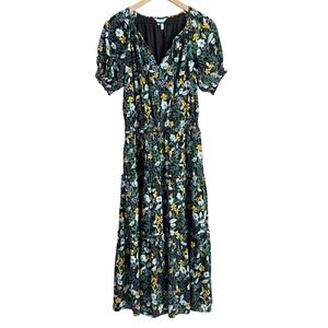 Draper James Floral Metaliic Long Tiered Dress Green‎ Medium Cottagecore Boho